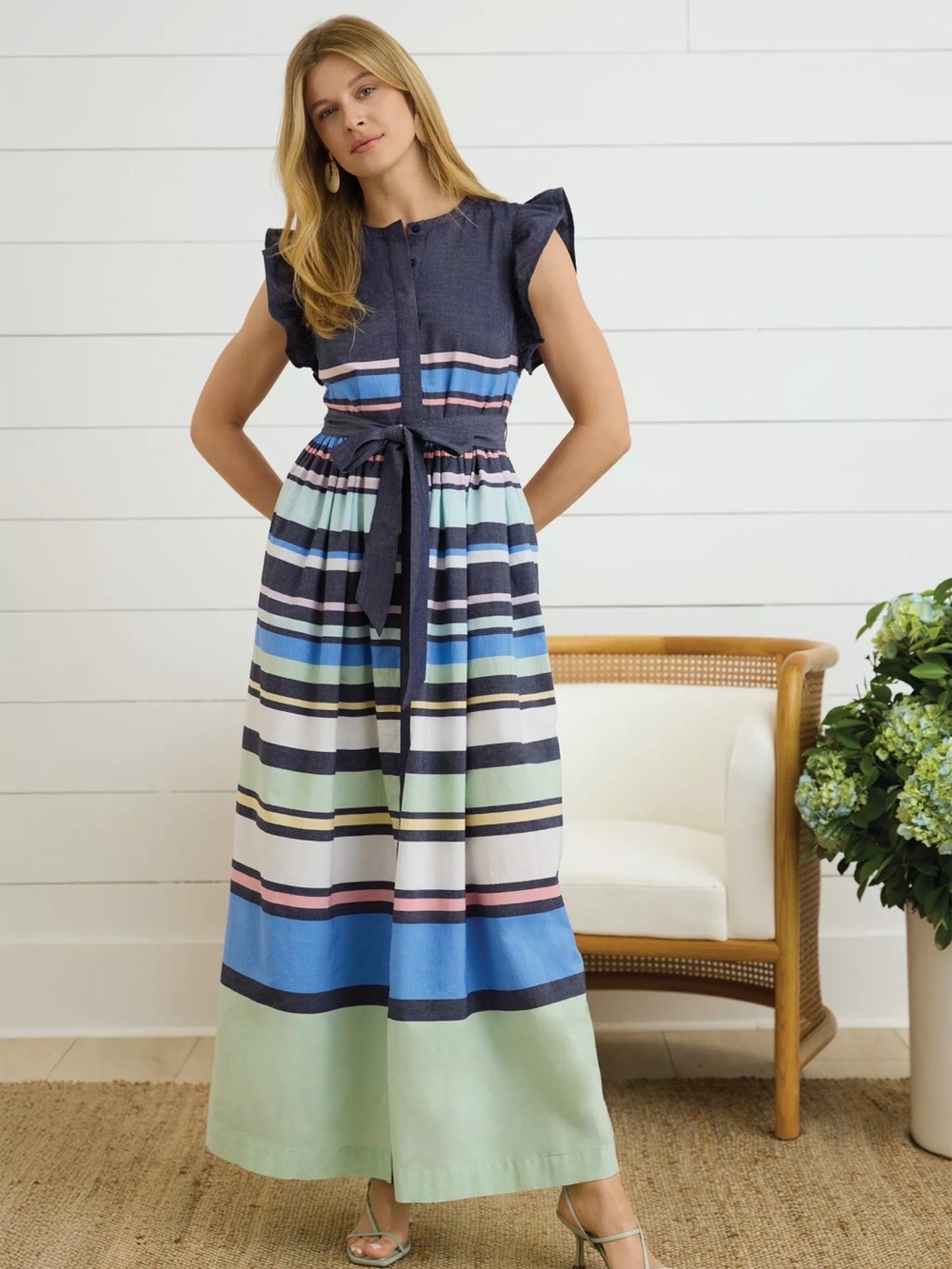Sewing Down South x Crown & Ivy Short Sleeve Ruffle Cotton Button Maxi no belt